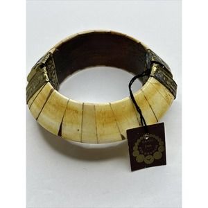 Vtg Carol Eva Graham Bangle Bracelet Made India Brass Wood Push Pin Clasp